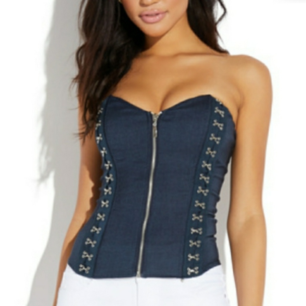 STRAPLESS HOOK & EYE DENIM CORSET 